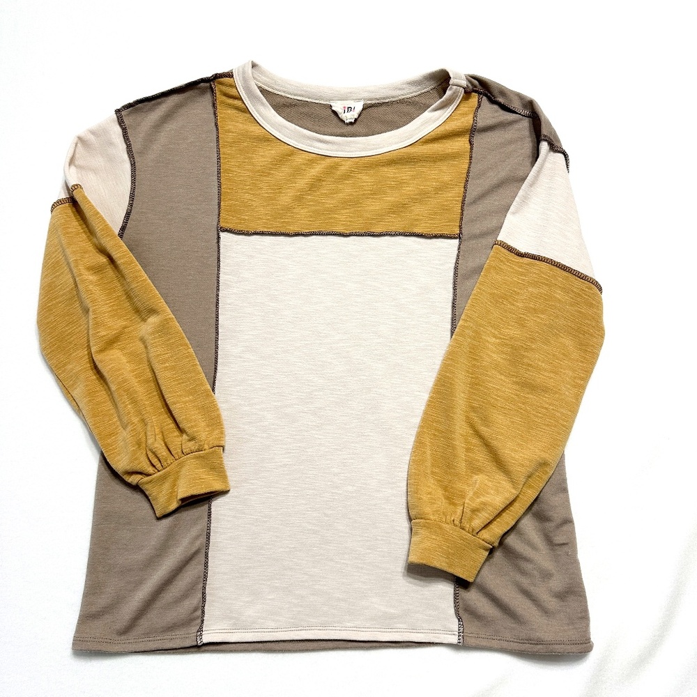 Bibi Women's Tan Color Block Long Sleeve Pullover Top Size Large